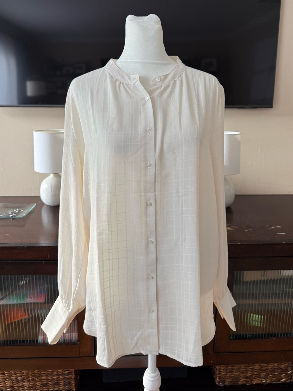 LOFT Cream Grid-Texture Button Down Blouse